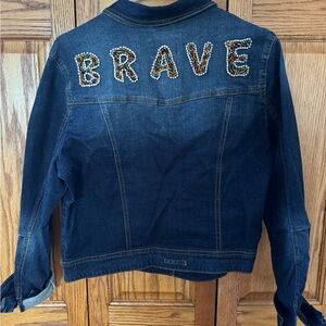Women's Denim Jacket with Beaded 'BRAVE' Design